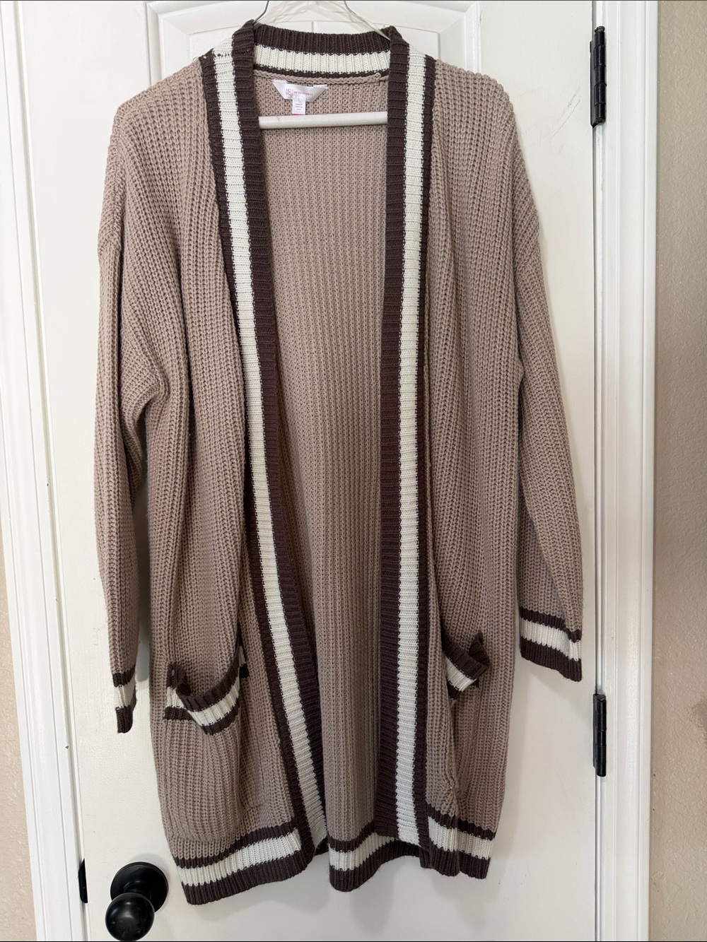 No Boundaries Taupe Cardigan with Cream and Dark Brown Stripe Trim